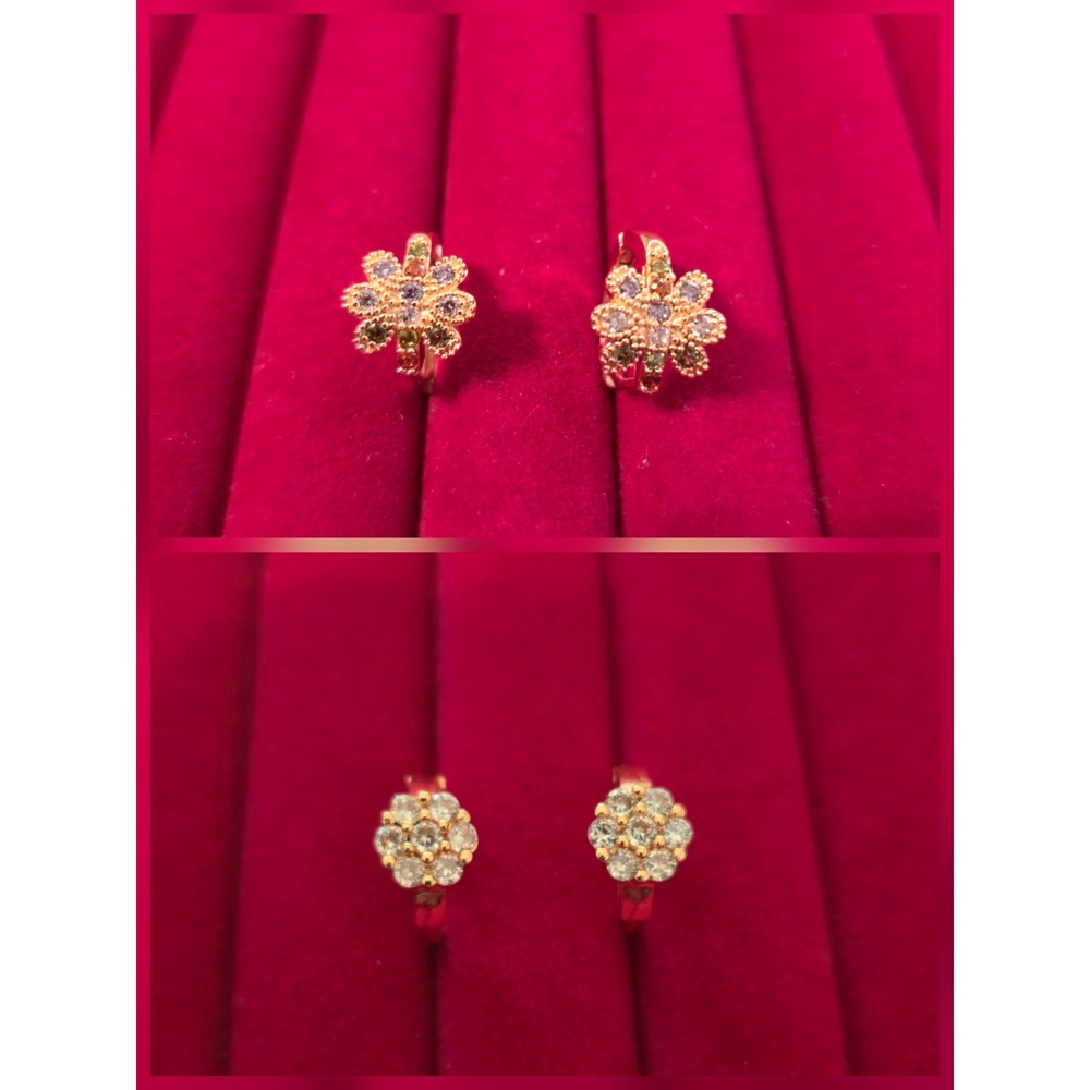 2 Pairs Gold Plated Brass Floral CZ Huggie Hoop Earrings 16mm Set